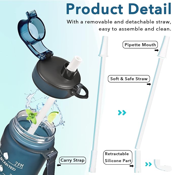 Enerbone Water Bottle, Leakproof BPA & Toxic Free, Motivational Water Bottle with Times to Drink and Straw, Fitness Sports Water Bottle with Strap for Office, Gym, Outdoor Sports