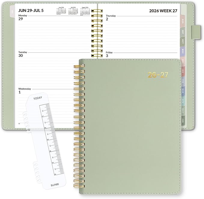 SUNEE 2026-2027 Weekly & Monthly Planner 6.4"x8.5" - 12 Month (July 2026 - June 2027), Vegan Leather Cover Planner Academic Year Calendar, Pocket, Notes, Monthly Tab, Green