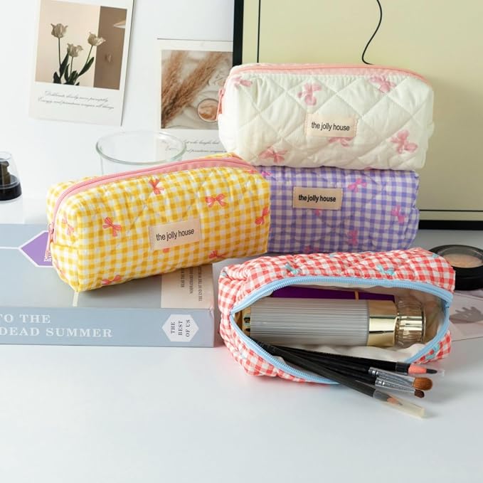 Carry bloom Pencil Pouch Cute Pencil Case for Girls Aesthetic Pencil Bag with Zipper Pen Cases School Supplies Makeup Bag (Checkered bow red)