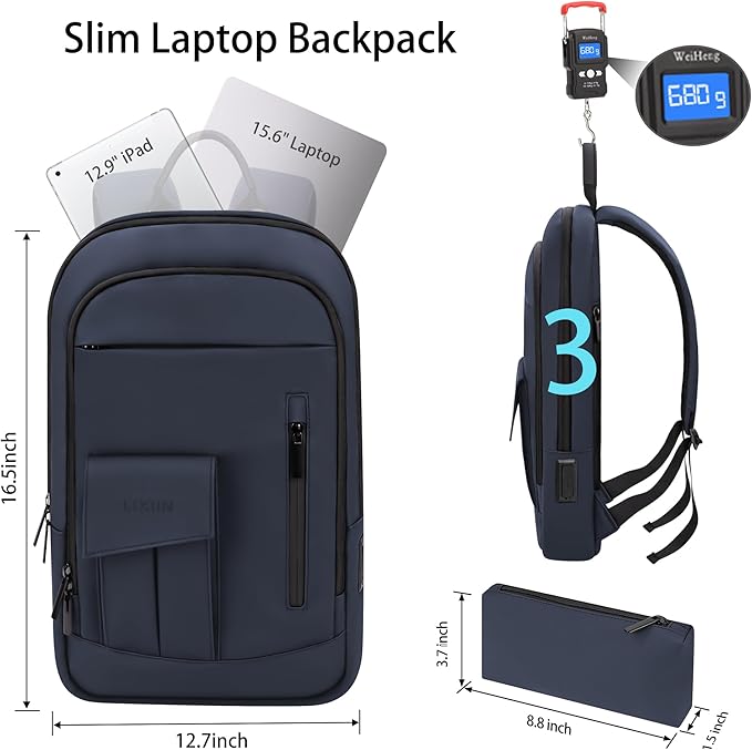 Business Backpack for Men Slim Lightweight Laptop Backpack Water Resistant Small Office Backpack for Commute Travel Daily Office Work with Small Bag (Blue, 15.6")