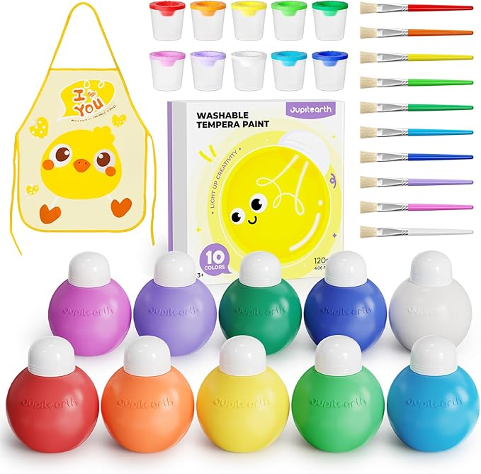 JUPITEARTH 10 Colors Washable Paint Set for Kids Ages 3-6, 4.06oz(120ml), Non-Toxic, Includes Brushes, Cups and Apron, Creative Gift for Toddlers and Preschoolers