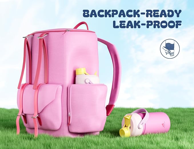 12 oz Kids Insulated Water Bottle: 2-in-1 Straw Spout Lid, Leakproof, BPA-Free, Cold 24H, Car Cupholder Friendly, Stainless Steel Cup for School, Birthday Gift for Girls Daughters (Rose Slumber)