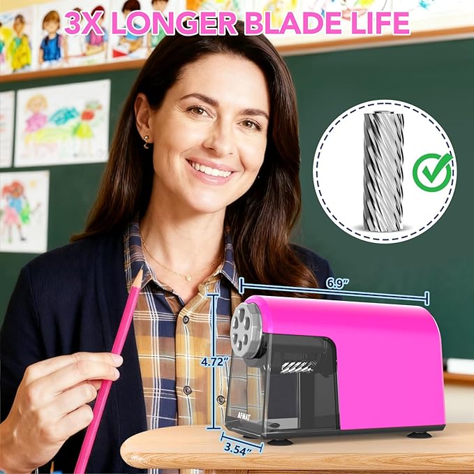 AFMAT Electric Pencil Sharpener for Classroom, 6 Holes, Cordless & Rechargeable, Fast Sharpen, Auto Stop, 10K+ Uses, Heavy Duty Pencil Sharpener for 6-11mm No.2/Large/Colored Pencils PSD2(Pink)
