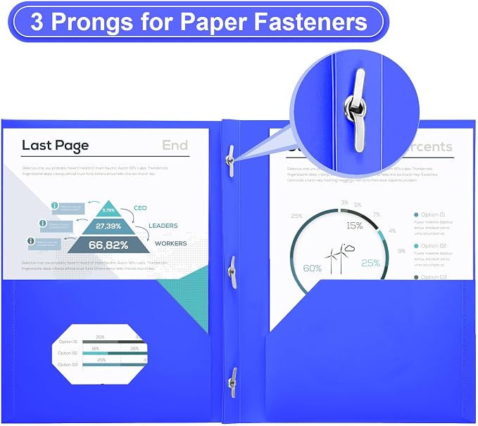 SUIN Plastic Project-Folder with 2 Pockets and 3-Prong Fasteners, for US Letter Size, Bulk Pack Color File-Folder for US Letter Size Papers, Ideal for School & Office, (Blue)