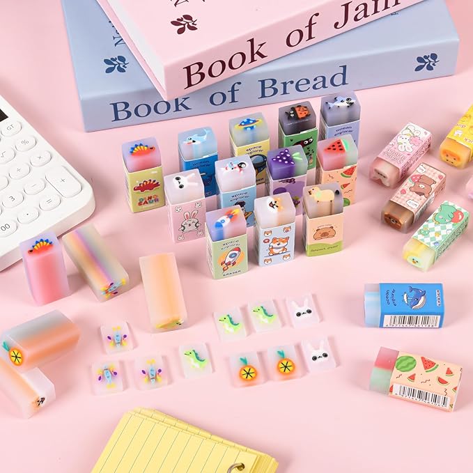 LiYiQ 100-Piece Kawaii Cute Animal Pencil Eraser for Kids, Back to School Supplies, Non-Toxic Rubber, Rectangular