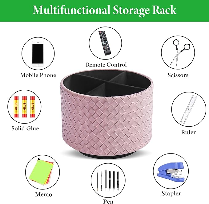 Round Leather Art Supply Organizer,Remote Control Holder,360 Degree Spinning,Multi-Functional Pencil Holder,4 Compartments Desktop Stationary Organizer(1-Weave Purple)