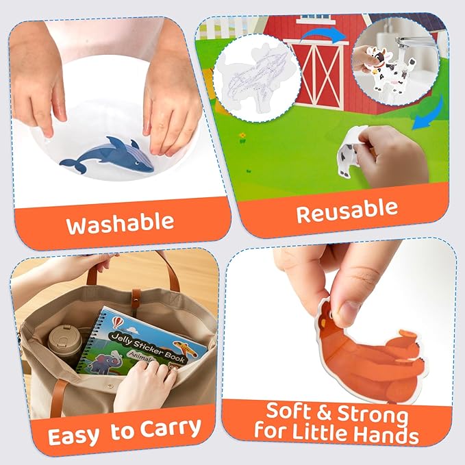 Reusable Sticker Book for Toddlers, 50 PCS Washable Jelly Stickers, 8 Play Scenes (7 Habitats) Animal Sticker Activity Book for Kids, Road Trip Travel Toys