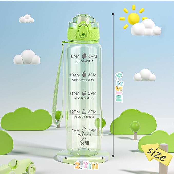 OLDLEY 17oz Kids Water Bottle, Tritan BPA-Free, Leakproof Flip Straw Lid, Motivational Time Marker, Carry Strap, Reusable Clear Water Bottle for Boys & Girls,Parrott Green