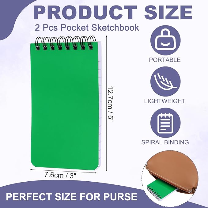 PATIKIL 3x5" Pocket Sketchbook, 2 Pcs Top Spiral Notebook Mini Lined Notebook Memo Pads 80GSM 60 Sheets/120 Pages Hard Cover Portable for Office Outdoor Travel Journal Draw, Grass Green