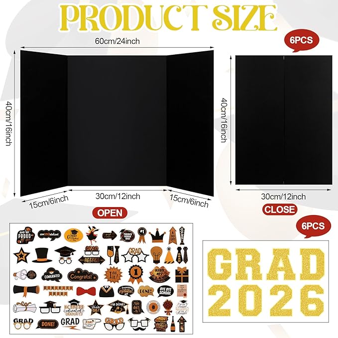 118 Pcs 2026 Graduation Trifold Poster Board 24" x 16" Graduation Picture Frame with Stickers Black Gold Photo Display Board for Class of 2026 Grad Party High School College DIY Craft Table Decor