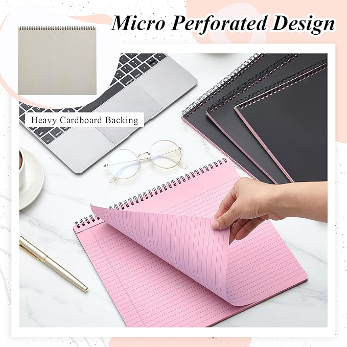 MotiMind 4 Pcs Legal Pads Landscape Notebooks Hole Punched Top Spiral Bound Notebooks 11 x 9.5 Inch College Ruled Drawing Notepad Tear Line for Removal 50 Sheet Office Steno Book(Pink)