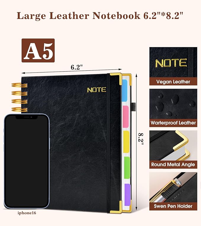 Hardcover Spiral Notebook with Removable Dividers Tabs, 300 pages Leather 5 Subject Notebook College Ruled, 6.2" x 8.2" Journal for Women Men, Small Notebooks for Work School Note taking,A5 Black