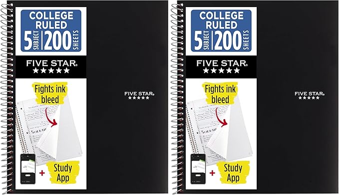 Five Star Spiral Notebook + Study App, 5 Subject, College Ruled Paper, Fights Ink Bleed, Water Resistant Cover, 8-1/2" x 11", 200 Sheets, Black (72081) (Pack of 2)