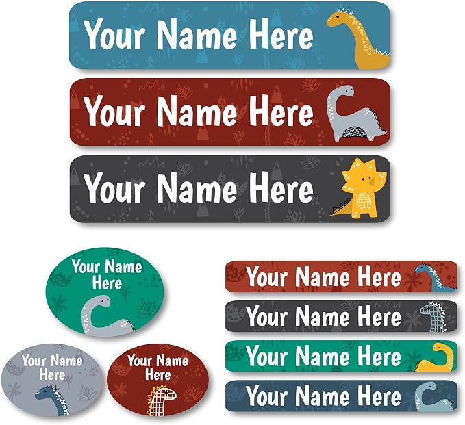 Lovable Labels Personalized Labels for Kids (85 Labels/Pack) - 3 Label Sizes Waterproof Dishwasher Safe Peel & Stick Labels for School Supplies Daycare Camp Clothing Bottles (Mighty Dino)