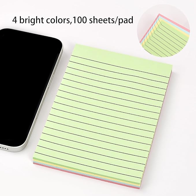 MOLOPPO Lined Sticky Notes, 100 Sheets, 6"x4", 4 Colors