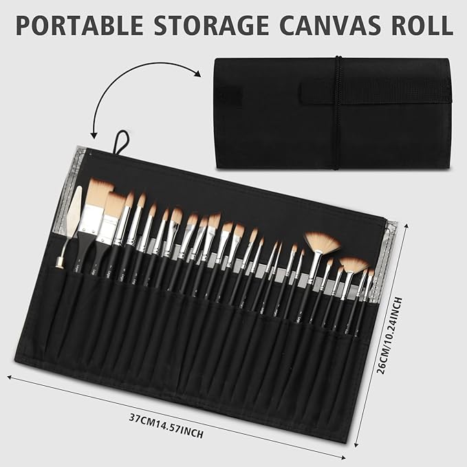 25 PCS Paint Brush Set for Acrylic, Oil & Watercolor, Artist Brush Kit with Flat, Filbert, Fan, Round, Liner, Dagger & Angle Brushes, Synthetic Bristles, Roll-Up Case