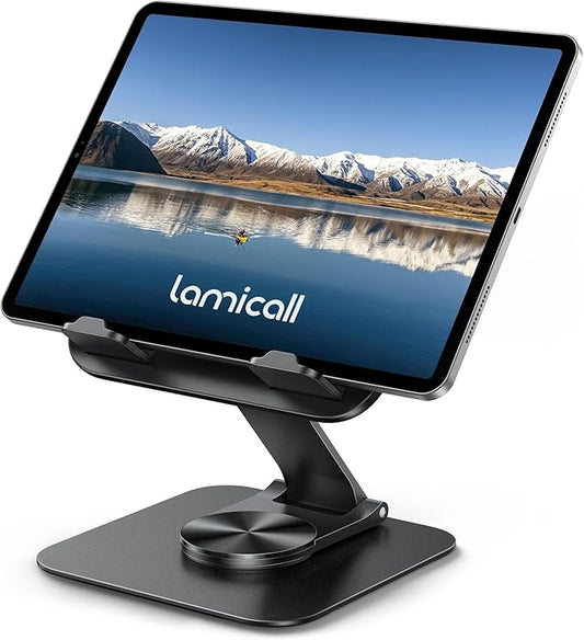 Lamicall Adjustable iPad Stand for Desk - [Ultra-Slim Foldable][360°Rotation] Tablet Holder Stand with Heavy-Duty Base, Mother Day Kindle Holder for 4.7-13" Device, iPad Pro Air Mini, Kindle, E-Reader
