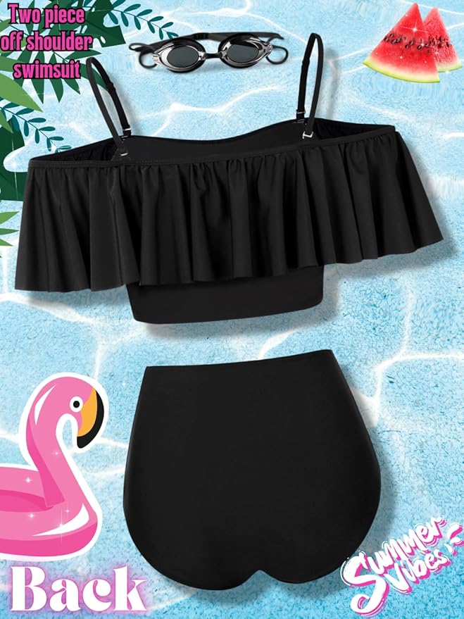 Kaei&Shi High Waisted Flounce Bikini Set,Tummy Control Swimsuits for Women,Off Shoulder