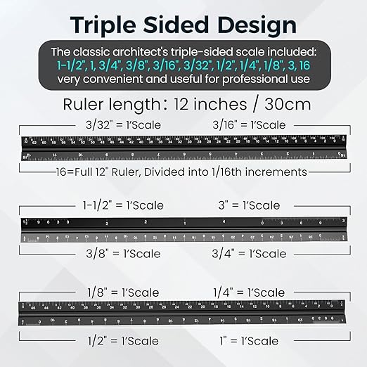 Rena Chris 2Pcs Architectural Scale Ruler, Triangular Scale & Straight Ruler, 12 Inch Aluminum Drafting Ruler Set, Laser Etched, Smooth Non-Sharp Edges, Lightweight, Inch MM Conversion for Architectur