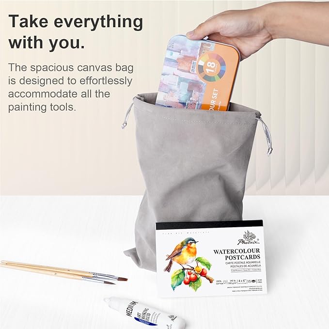 AUREUO Travel Watercolor Set with Gift Box - Small Water Color Kit with18 Classic Color Watercolor Paint Set, Brushes, Watercolor Postcards, Masking Fluid Pen & Tote Bag