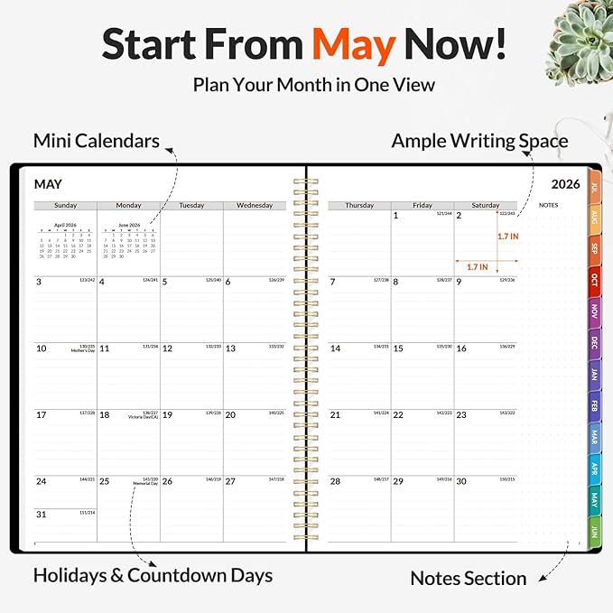 SUNEE Academic Planner 2026-2027 – Weekly & Monthly Planner, July 2026 to June 2027, 8.5"x11", Thick Paper, Tabs, Pockets, Bookmark, Spiral-Bound, Student Teacher Organizer, Black