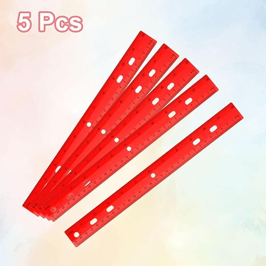HARFINGTON 5pcs Plastic Rulers 12" (30cm) Clear Straight Ruler Measuring Tool Inches and Centimeters with Hole for Home Office Classrooms Drafting, Red