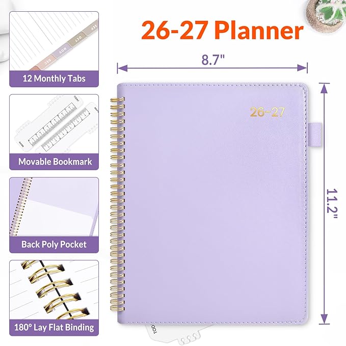 SUNEE 2026-2027 Weekly & Monthly Planner 9"x11.2" - 12 Month (July 2026 - June 2027), Vegan Leather Cover Planner Academic Year Calendar, Pocket, Notes, Monthly Tab, Purple