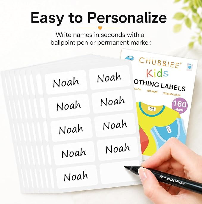 CHUBBIEE All Purpose No-Iron Kids Clothing Labels, 160-Pack | Self-Stick Write-On Fabric Labels for Camp, School, Daycare, Nursing Care, Toys, Organizing, Washer & Dryer Safe