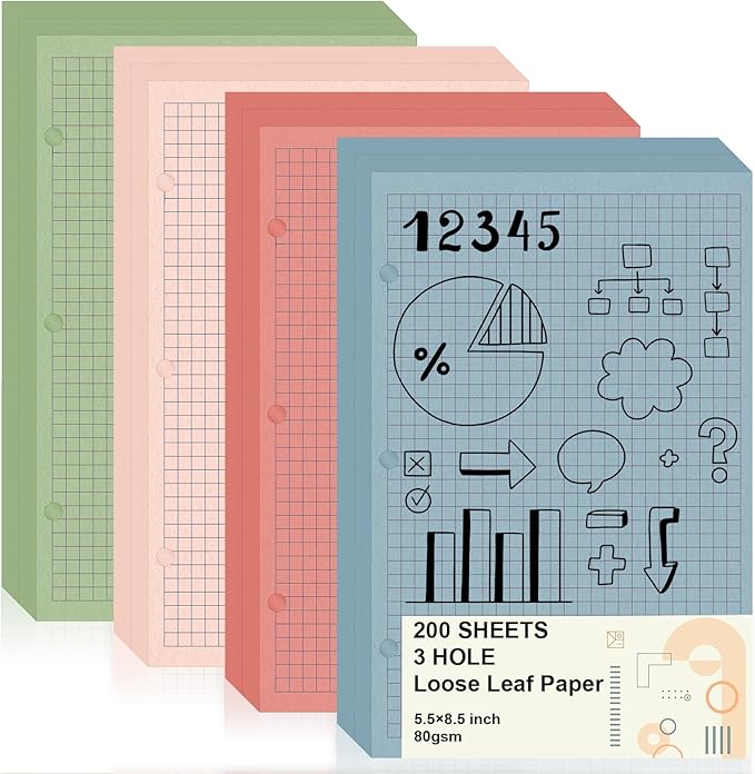 200 Sheets 5.5 * 8.5 Half Letter 3 Hole Notebook Grid Paper Refill Loose Leaf Paper for Mini Binder Colored Graph Paper Bulk Quad Ruled Graph Paper for Planner Inserts for School Office