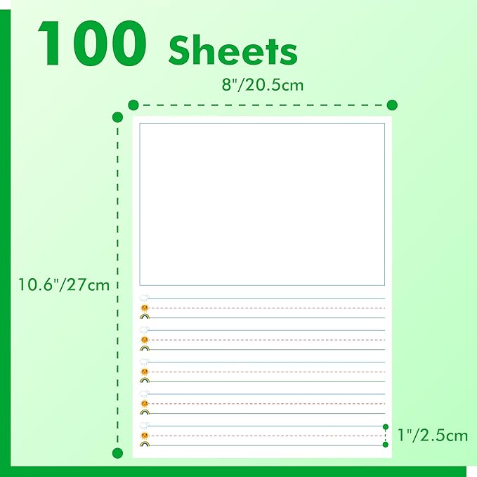 100 Sheets Ruled Writing Paper, Double-Sided Printing 1” Line Spacing with Blank Area Handwriting Writing Paper with Dotted Lines Practice Paper for Kindergarten Toddlers Kids (8” x 10.6”)