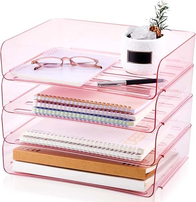 Harloon 4 Tier Pink Acrylic Paper Organizer 13 x 9.8 x 3 Inches Letter Tray Desk File Organizer Stackable Documents Clear Letter Paper Holder Office Tray for A4, Office Home File Desktop Storage