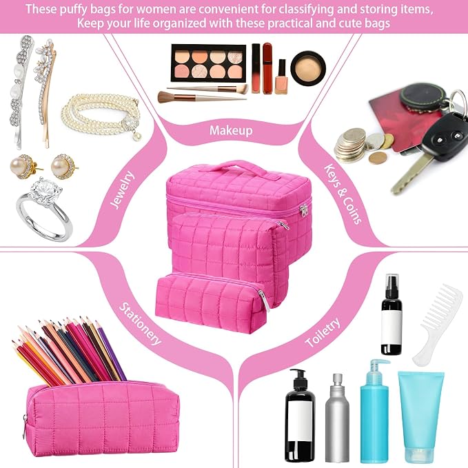 Huhumy 3 Pcs Large Puffy Makeup Bag Set Quilted Cosmetic Pouch for Women Cute Checkered Travel Toiletry Bag Puffer Makeup Organizer Purse Pouch Preppy Pencil Case with Zipper Valentine Gift (Hot Pink)