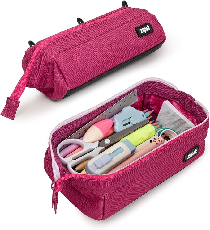 ZIPIT Lenny Pencil Case, Wide-Opening Zipper Pouch for Girls, Pink | Aesthetic pouch for school, machine washable, colorful lining, holds 55 pens & pencils, doubles as a makeup case for travel