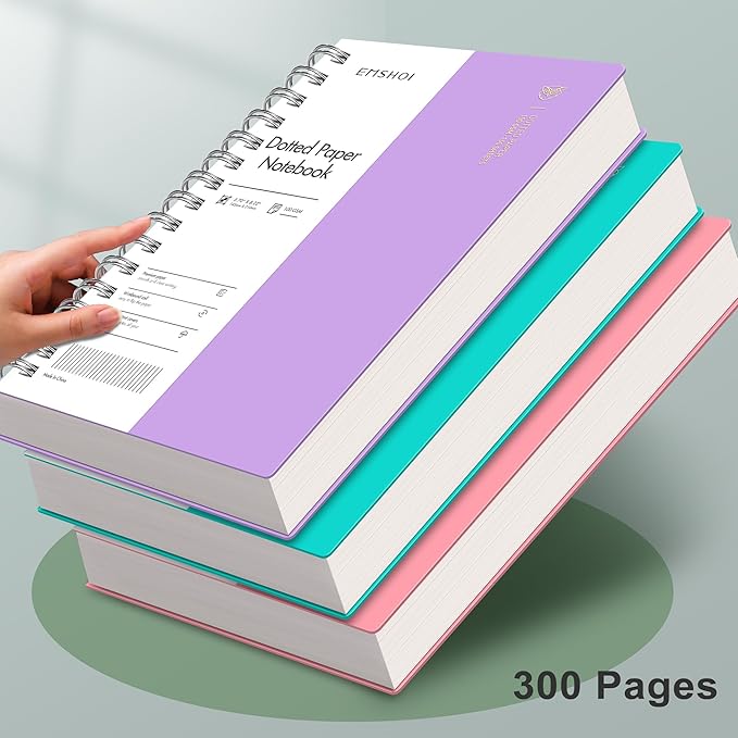 EMSHOI Dotted Journal Spiral Notebook, 300 Pages, A5 Small 5.7"x8.22", 100 GSM Thick Paper, Flexible Plastic Cover, 5mm Dot Grid Notebook for Journaling, Planning, Drawing, Writing, Purple