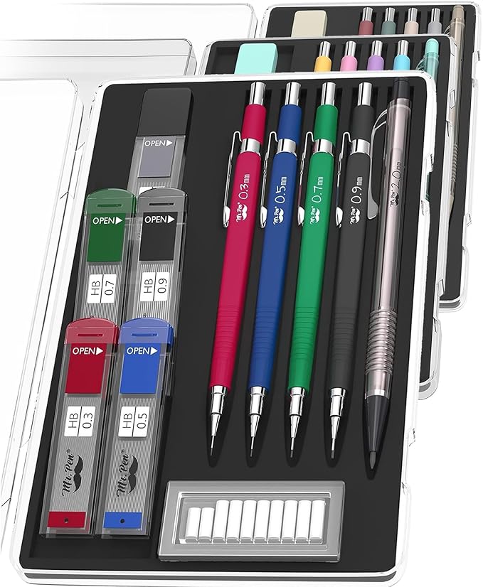 Mr. Pen- Art Mechanical Pencil Set, 5 Mechanical Pencils (0.3, 0.5, 0.7, 0.9, 2.0mm), 5 HB Lead Refills & 10 Eraser Refills, Precision Drawing Pencils for Sketching, Writing & Technical Artwork
