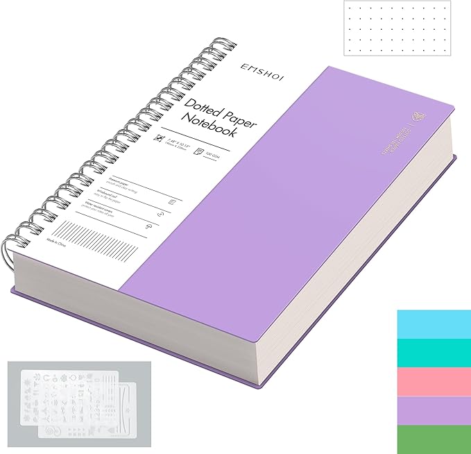 EMSHOI Dotted Journal Spiral Notebook, 300 Pages, B5 Large 7.48"x10.15", 100 GSM Thick Paper, Flexible Plastic Cover, 5mm Dot Grid Notebook for Journaling, Planning, Drawing, Writing, Purple