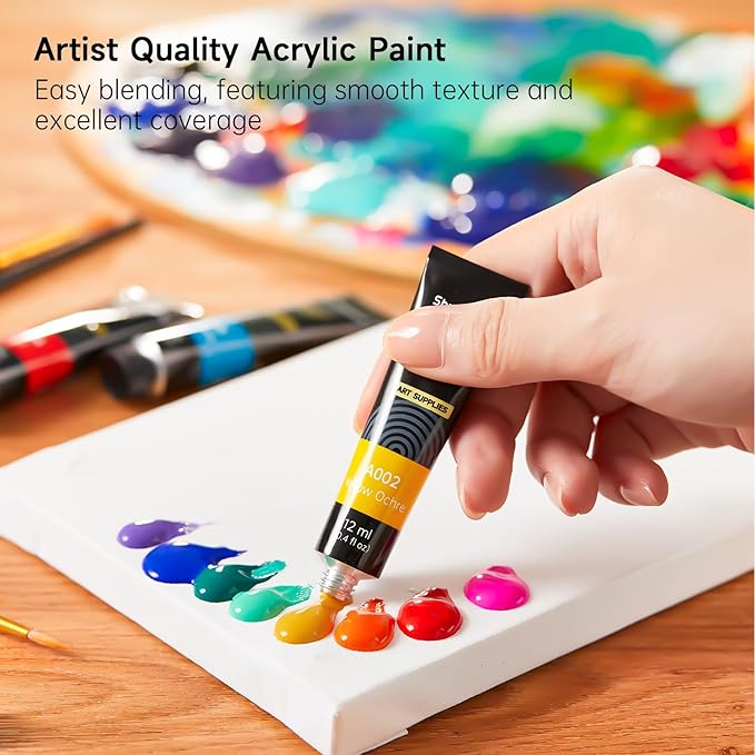 47 Pack Acrylic Paint Set, Shuttle Art 15 Colours (12ml Each, 2Pack) Acrylic Paint with 10 Brushes Painting Canvas Knife Palette Sponge, Complete Gift Set for Kids, Adults Painting Canvas, Ceramic