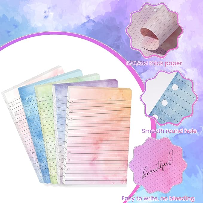 100 Sheets Gradient A5 Refill Papers for Planner Binder Insert with Pink Pu Leather Binder Cover, Refillable 6 Ring Binder Journal with 120GSM Thick Watercolor Notebook Fillers for Girls Women
