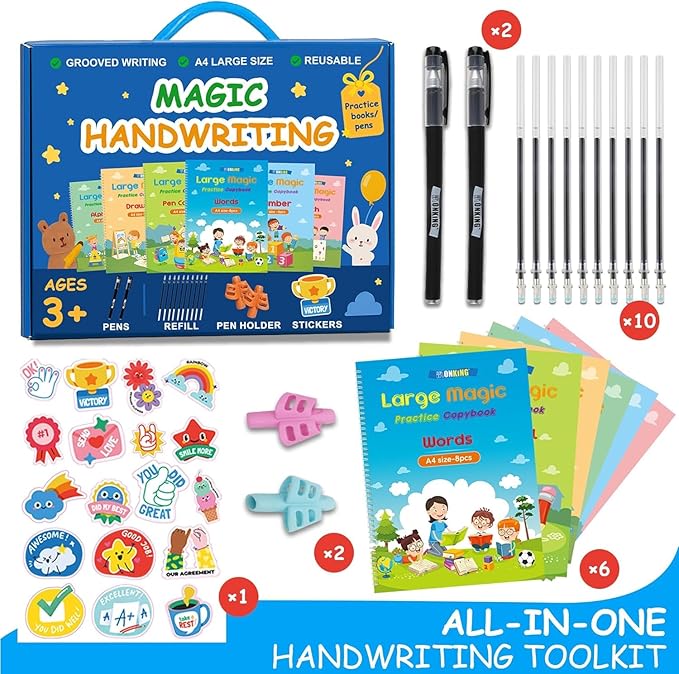Monking Large Magic Practice Copybook for Kids,Handwriting Grooved Practice Book 6 Pack with Pen Refill English Cursive Calligraphy Reusable Age 3-8
