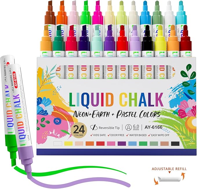 24 Colors Liquid Chalk Markers Dry&Wet Erase for Blackboard, Whiteboard, Chalkboard, Calendar, Chalk Marker with 6mm Reversible Tip for Car, Window, Glass, Auto, Paint and Drawing Washable Chalk Pens