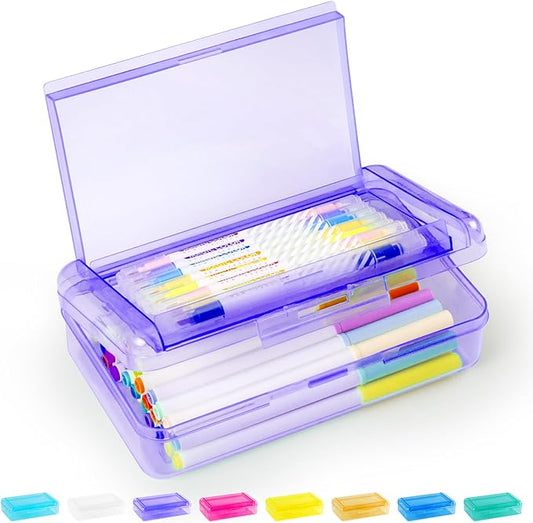 Sooez Double Layer Pencil Box, Large Hard Pencil Case Organizer, Clear Plastic Crayon Box for Girls and Boys, Colored Marker Organizer, Small Plastic Containers/Bins with Lids, Art Supply Storage