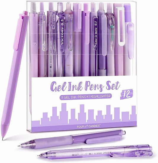 Four Candies Gel Pens, Cute Purple Pens Black Ink, 0.5mm Fine Point 12-Pack | Back to School Supplies, Office Essentials for Women, Girly Stationery Set, Aesthetic Desk Decor & Accessories - Lavender