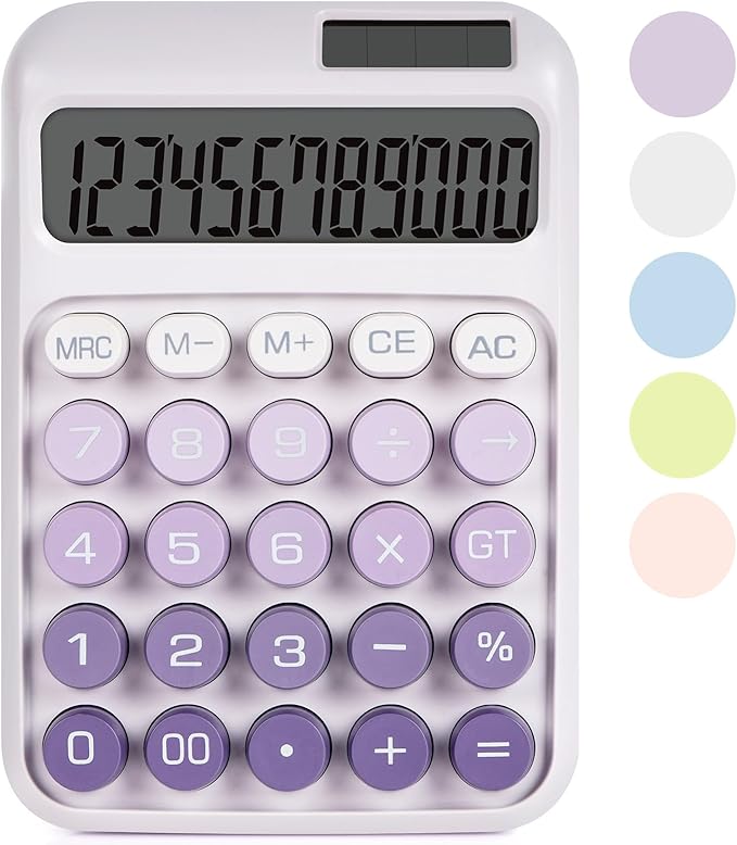Mechanical Switch Calculator with Big Buttons, Calculators Desktop, 12 Digits, Solar Battery Power, Desk Calculator,Large LCD Display,Cute Purple Calculators for Teachers Students Basic Office