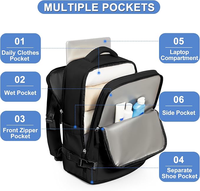 coofay Travel Backpack For Women Airline Approved Carry On Waterproof Sports Luggage Casual Daypack Small Hiking Backpack Black
