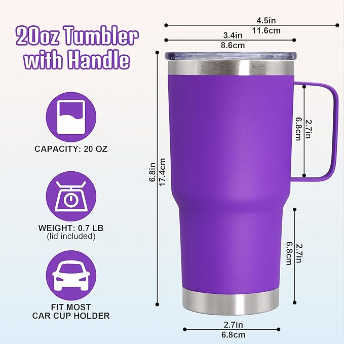 20 oz Tumbler with Handle and Lid, Stainless Steel Tumbler Insulated Travel Coffee Mug, Spill Proof Double Wall Vacuum Tumbler Cup Keep Drink Hot & Cold, Purple, 1 Pack