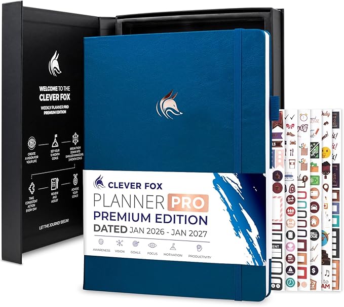 Clever Fox Planner PRO Premium Jan 2026-Jan 2027 – Luxurious Weekly, Monthly & Budget Agenda Organizer for Productivity & Reaching Goals, A4 Hardcover + Keepsake Box – Mystic Blue