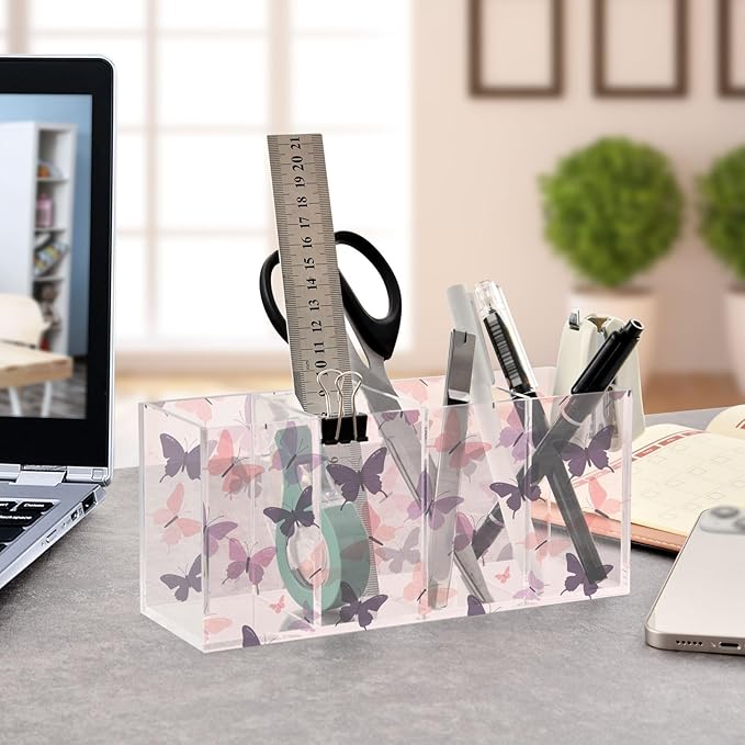 Aslsiy Butterfly (31) Pen Holder for Kids 4 Compartments Acrylic Pencil Holder Clear Makeup Brush Holder Desk Organizer Office Supplies