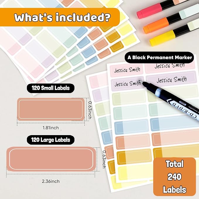 Waterproof Laminating Name Labels with Pen for Water Bottles and Kids School Supplies