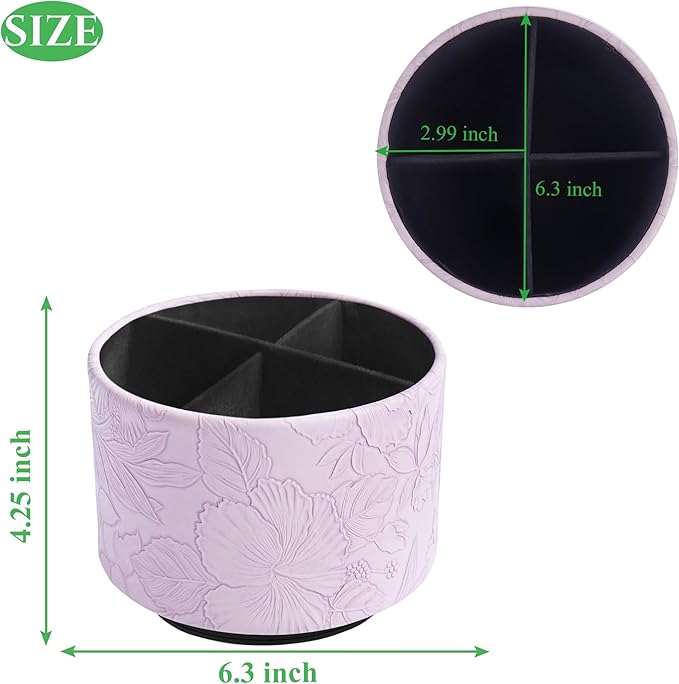 Round Leather Art Supply Organizer,Remote Control Holder,360 Degree Spinning,Multi-Functional Pencil Holder,4 Compartments Desktop Stationary Organizer(1-Carved Purple)