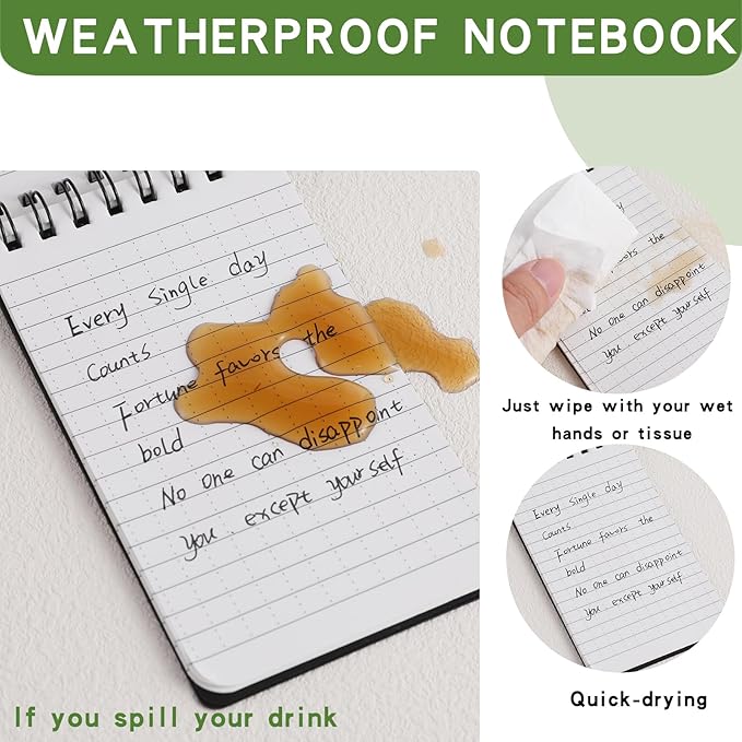 Waterproof Notebook, 4 Pack Pocket Notepad, 3" x 5" Top-Spiral Weatherproof NotePad, All Weather Police Pocket Notebook Mini Memo Steno Note Pads for Outdoor Office School Recording, Black